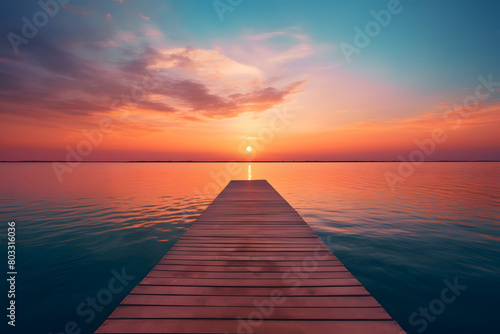 A tranquil seascape with a glowing golden sun dipping below the horizon, the colors of the sunset reflecting across the calm wat Generative Ai, © Ajrak