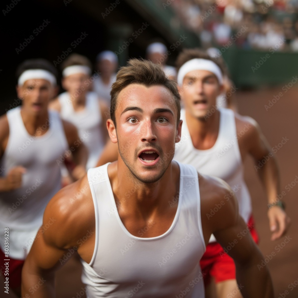 A group of young men competing in a race A group of young men competing in a race