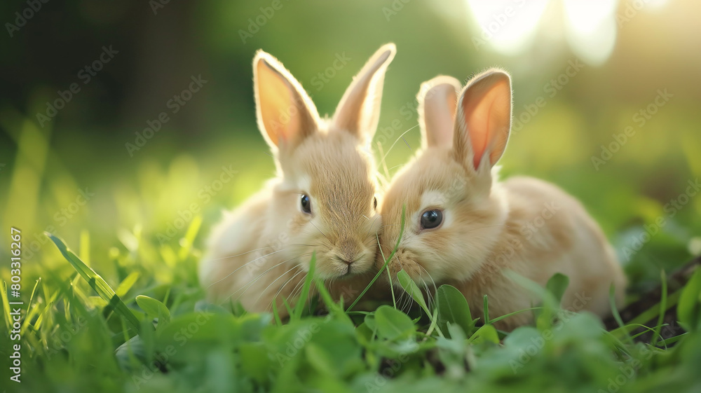 Fototapeta premium Two little baby rabbit sitting on the grass. Animals photography 