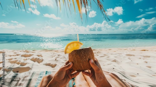 Lounging on a sandy beach towel, soaking up the sun showing hands holding a coconut drink 
 photo