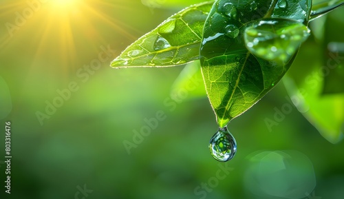 drop of water hanging from the leaf with earth inside, green background, environmental protection, sustainability, ecology and environment day concept