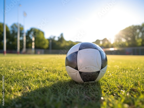 Close-up of soccer ball on green soccer field ground in stadium