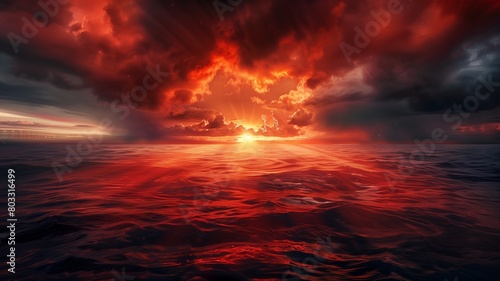 Raging Sea Spectacle, Dramatic red stormy cloudy sky reflecting on the troubled water surface, stormy ocean with rays of light in the center, Fantasy stormy sea © manida