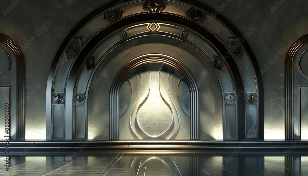 Fototapeta premium Art Deco Arch Podium Incorporating bold, streamlined arches typical of Art Deco, with geometric decorations and metallic finishes. 3DCG