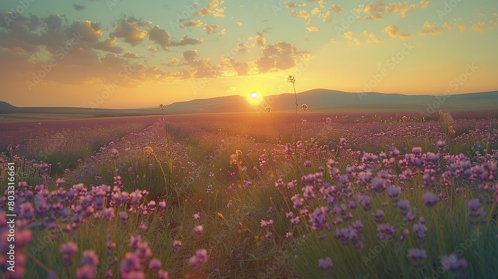 Fototapeta premium Vintage Purple Hues: Sunset Lavender Field, generative ai