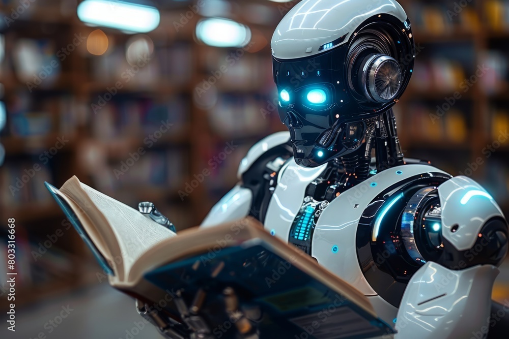 Humanoid robot reading a book, artificial intelligence training Humanoid robot reading a book, artificial intelligence training