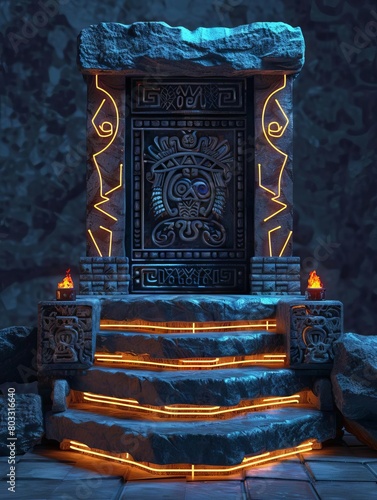 Aztec podium made of stone 3D  neon. up32K HD photo