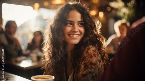 Portrait of a beautiful young woman with curly hair smiling