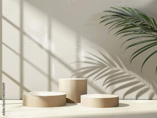 Beige podium mockup, realistic vector background with cylindrical platforms or pedestals for products presentation in studio with shadow of palm leaf and window frame on wall 3d showcase stands. 3DCG