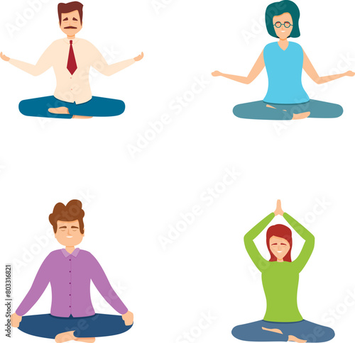 Meditation icons set cartoon vector. Men and women sitting in lotus posture. Yoga, healthy lifestyle