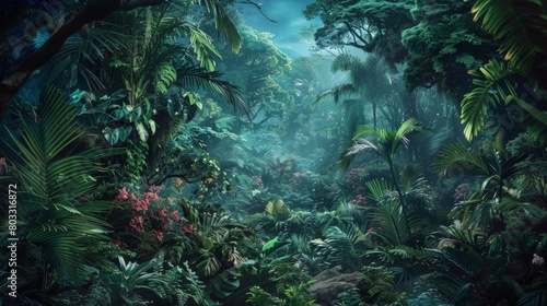 Enchanting tropical paradise with vivid foliage and cascading waterfalls