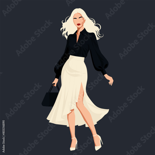 Vector flat fashion illustration of a young successful blonde woman wearing an elegant black blouse and white skirt with a high waist and a slit on the leg.
