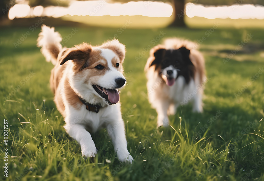 Two happy dogs playing in a grassy field during sunset, one in focus and the other slightly blurred in the background. International Dog Day.