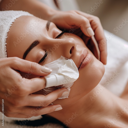 spa salon skin care, applying cream on woman's face