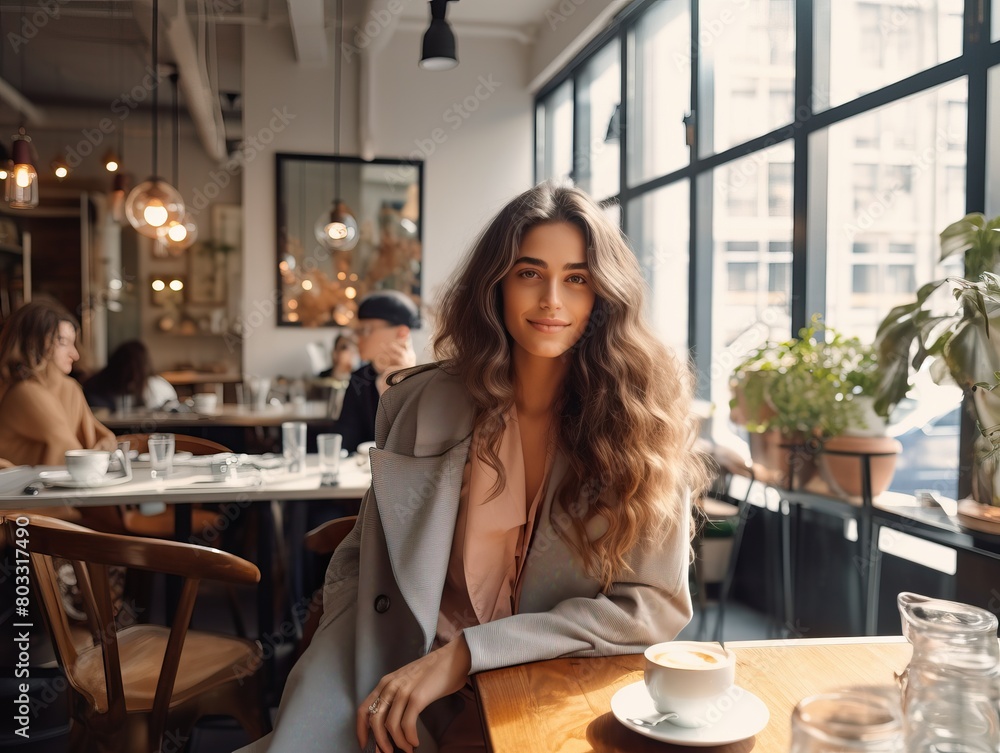 Fashionable influencer having a photo shoot at a bustling cafe Fashionable influencer having a photo shoot at a bustling cafe