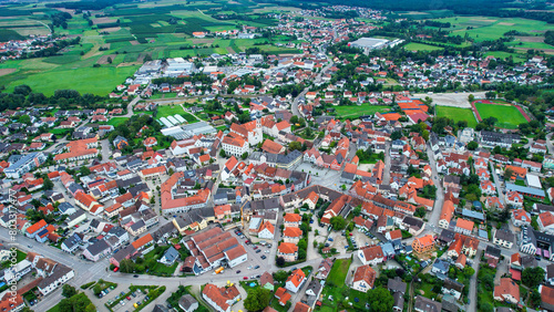 Aerial view around the old town of the city Geisenfeld on a cloudy day in Germany.
