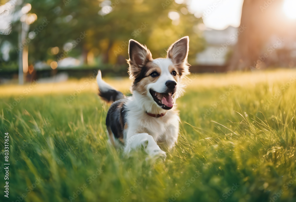 A joyful Welsh Corgi running on a grassy field during sunset, with a blurred background. International Dog Day.