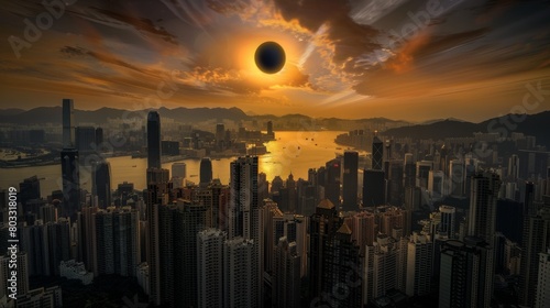 Dramatic solar eclipse over futuristic cityscape with glowing skyline