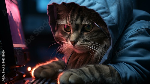 Cat in a hoodie using a computer