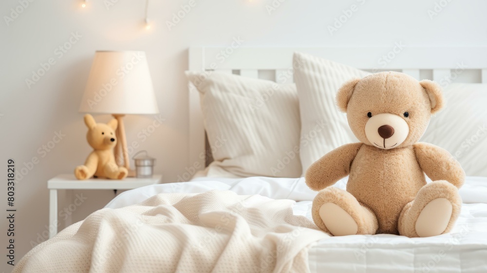 A cute teddy bear sits on a bed with a nightstand and lamp in the background