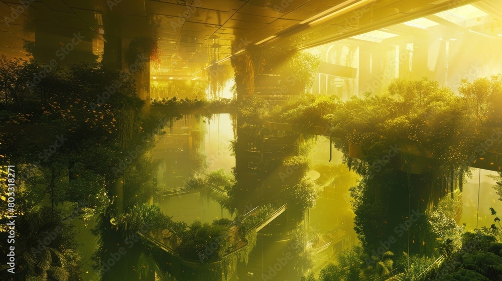 Futuristic Solarpunk Cityscape with Lush Greenery and Golden Light