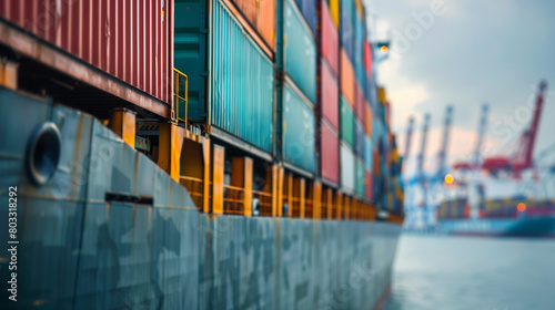 A close-up shot of a cargo ship's side, showing the texture and details of the stacked containers, with the port's bustling activity slightly blurred in the background, Generative AI