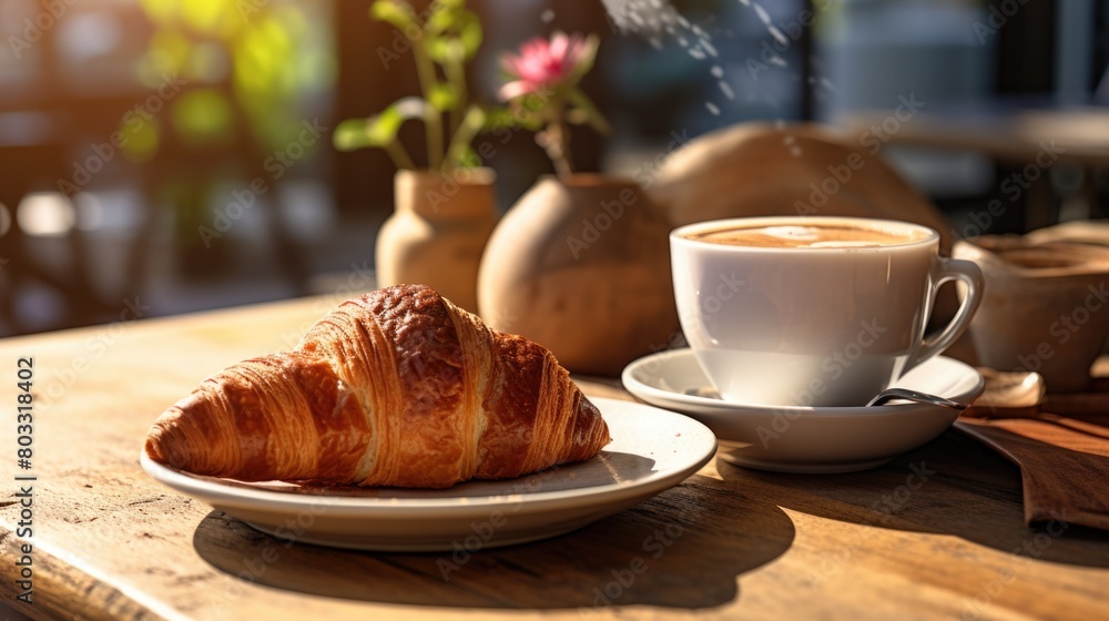 Golden Morning Light on Fresh Croissant and Coffee Golden Morning Light on Fresh Croissant and Coffee