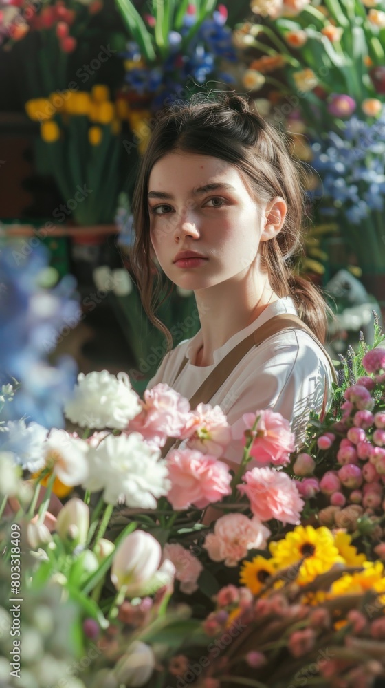 A woman stands in front of a bunch of colorful flowers