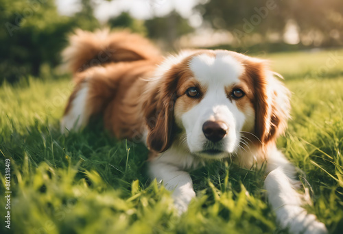 A brown and white dog lying on green grass, looking directly at the camera with a focused expression. International Dog Day. © Tetlak