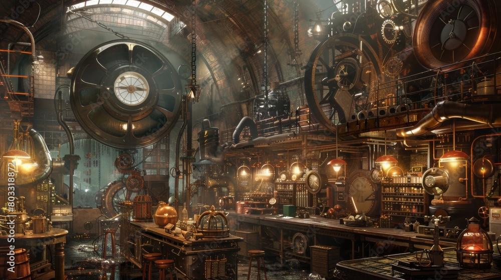 Intricate Steampunk Laboratory with Detailed Vintage Machines