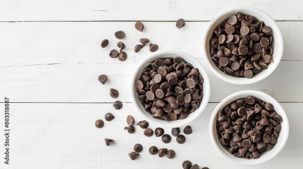 Portions and chocolate chips on a white porcelain container on a white wooden table isolated. Top view. Copy Space Portions and chocolate chips on a white porcelain container on a white wooden table isolated. Top view. Copy Space
