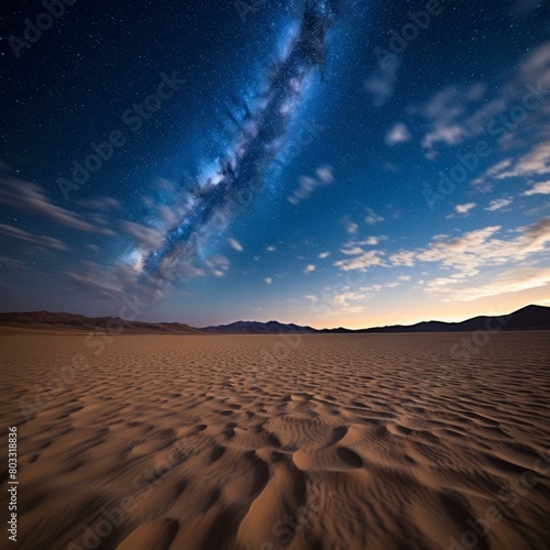 Night sky full of stars and a beautiful landscape of sand dunes photo