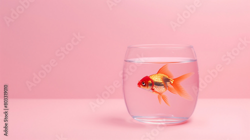 a single goldfish in a clear jar, viewed at eye level. The background is a soft pastel pink, providing a calm and clean aesthetic, Generative AI