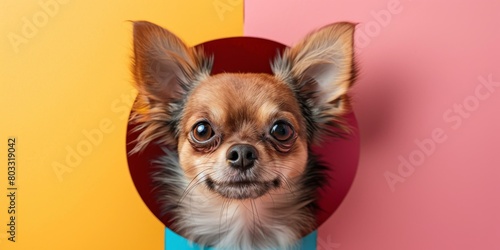 A cute chihuahua dog looking through a hole in a colorful background