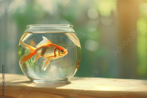 A side view photo of a goldfish in a sleek, round glass jar, placed on a light wooden surface, with a soft-focus green background to suggest a natural environment subtly, Generative AI