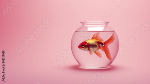 a single goldfish in a clear jar, viewed at eye level. The background is a soft pastel pink, providing a calm and clean aesthetic, Generative AI