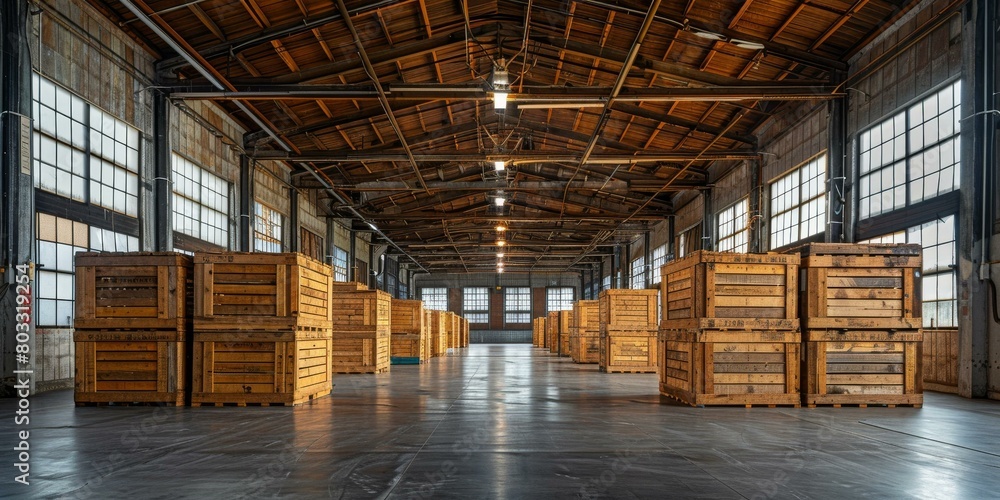 Large warehouse with wooden crates Large warehouse with wooden crates