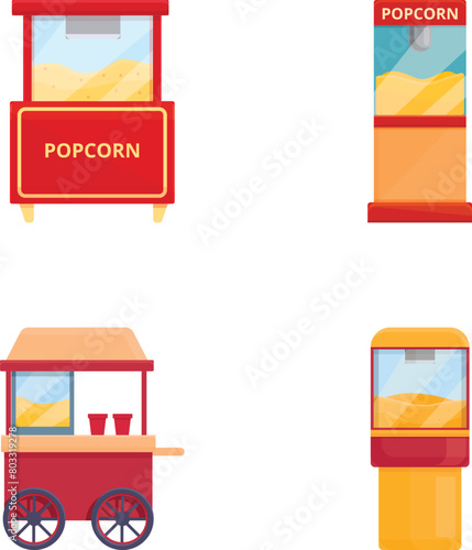 Popcorn cart icons set cartoon vector. Vintage kiosk in amusement park. Street food