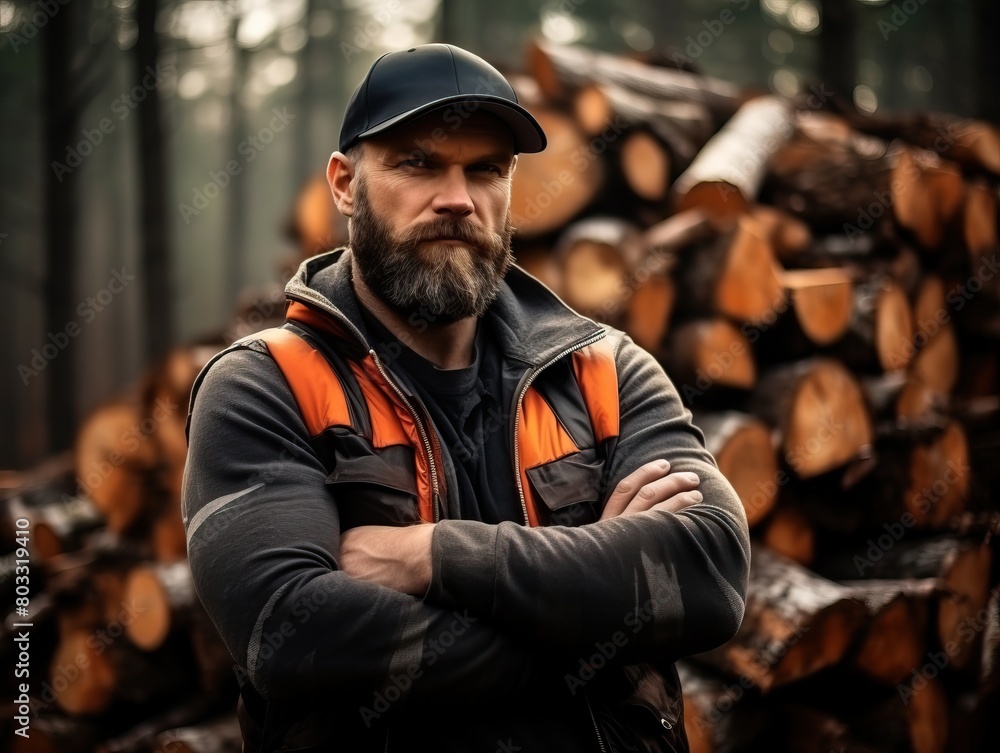 Professional woodcutter in uniform standing by pile of firewood in forest