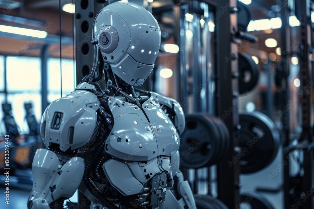 Humanoid robot training in the gym, artificial intelligence concept Humanoid robot training in the gym, artificial intelligence concept