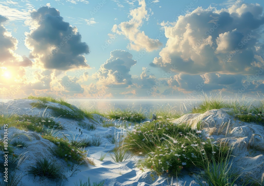 Tranquil Seascape with Sandy Dunes and Grass