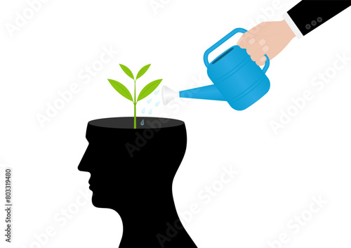 Hand Watering Plant in Human Head. Self Improvement, Self Investment or Growth Mindset  Concept. Vector Illustration. 