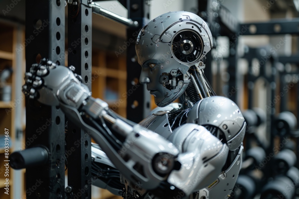 Humanoid robot in the gym, artificial intelligence concept Humanoid robot in the gym, artificial intelligence concept