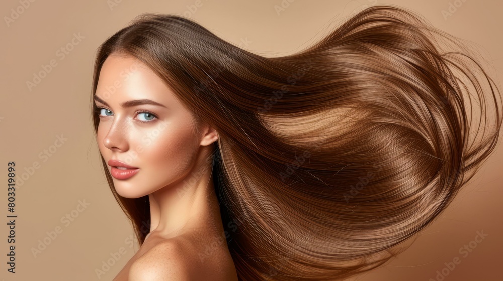 Brunette woman with long straight hair flowing in the wind