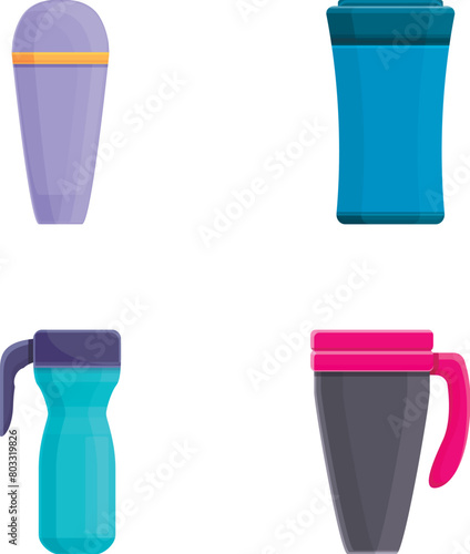 Thermo mug icons set cartoon vector. Colorful thermal cup and thermos. Termo container for warm drink