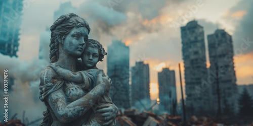 Ruins of the city and a monument to a mother with a child  the concept of war in Ukraine