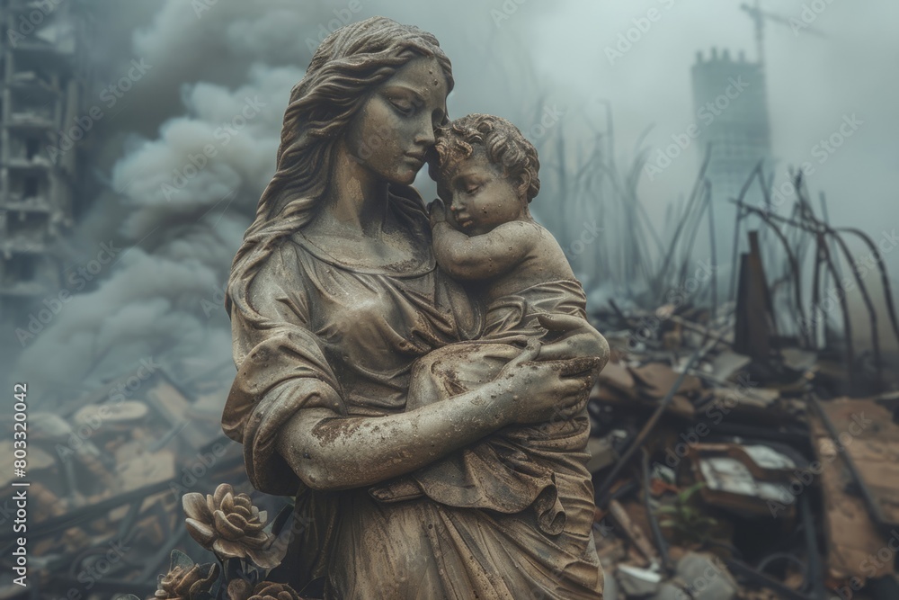 Mother and child at a cracked monument in a war-torn city