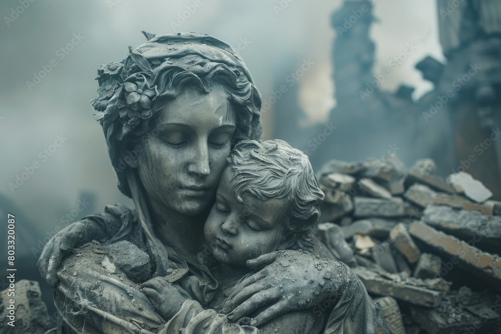Mother with child monument in ruins of war city Mother with child monument in ruins of war city