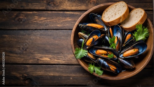 Plate of mussels on a wooden background.