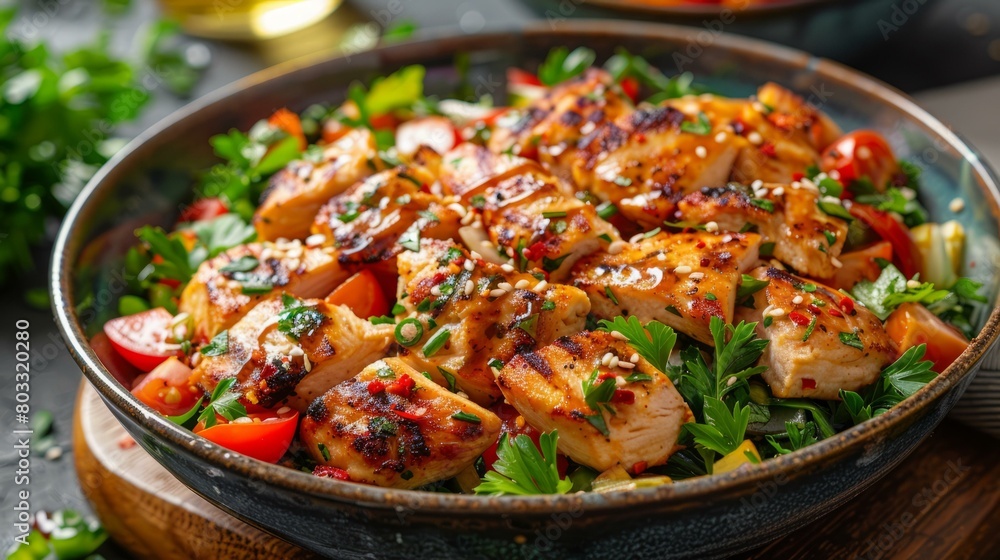 Grilled chicken breast with fresh vegetables and herbs Grilled chicken breast with fresh vegetables and herbs